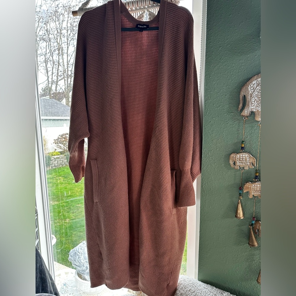 EXPRESS Tan Fine Ribbed Open Long Cardigan 🐪